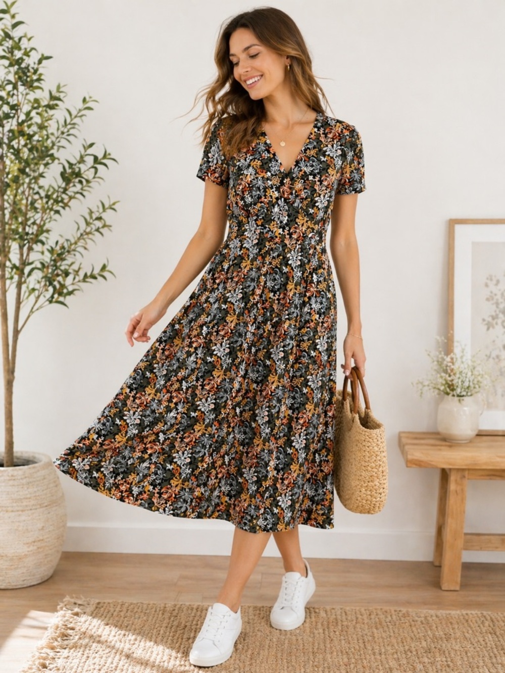 Seasalt Cornwall Organic Cotton Floral Midi Dress US 6 UK 10 Boho Cottagecore
